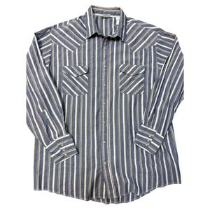 Western Frontier Striped‎ Long Sleeve Snap Front Shirt Mens XLT Blue Tan White